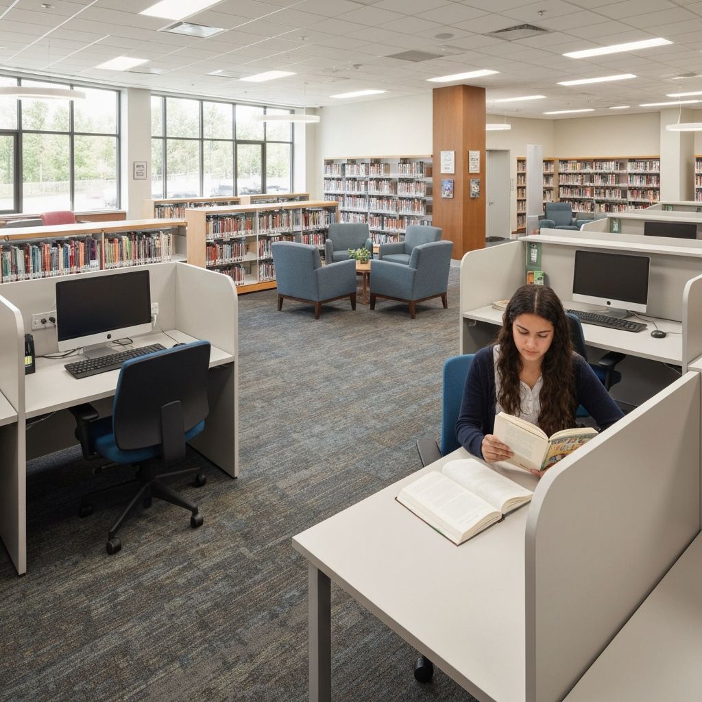 Modern school library with comfortable seating